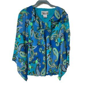Y2K Simply Russell Blouse Womens S Blue Paisley Bell Sleeve Vintage 2000s